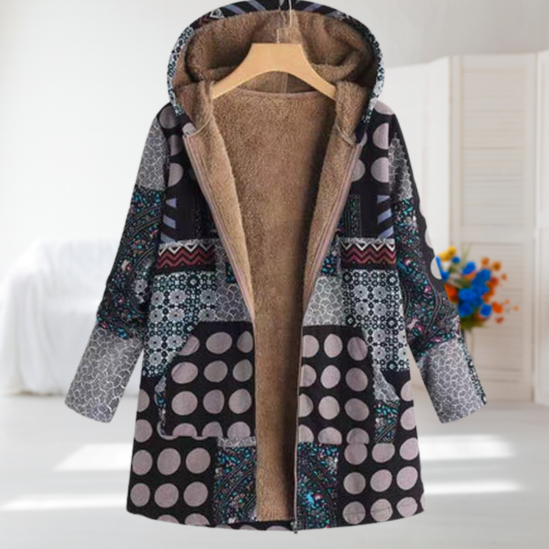 Amandine - Black Patchwork Fleece-Lined Coat