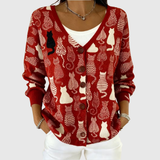 Kendra - Red Cat Print Button-Front Cardigan