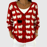 Irene - Red Sheep Print Button-Front Cardigan