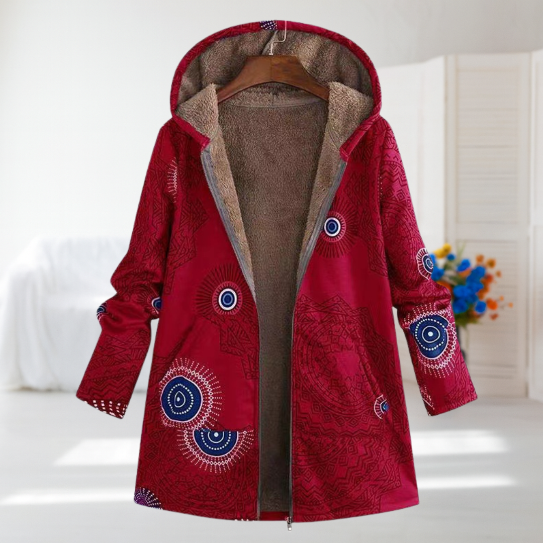 Alexa - Red Boho Print Fleece-Lined Coat