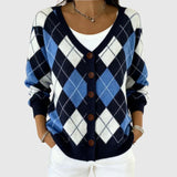 Meredith - Navy Argyle Button-Front Cardigan