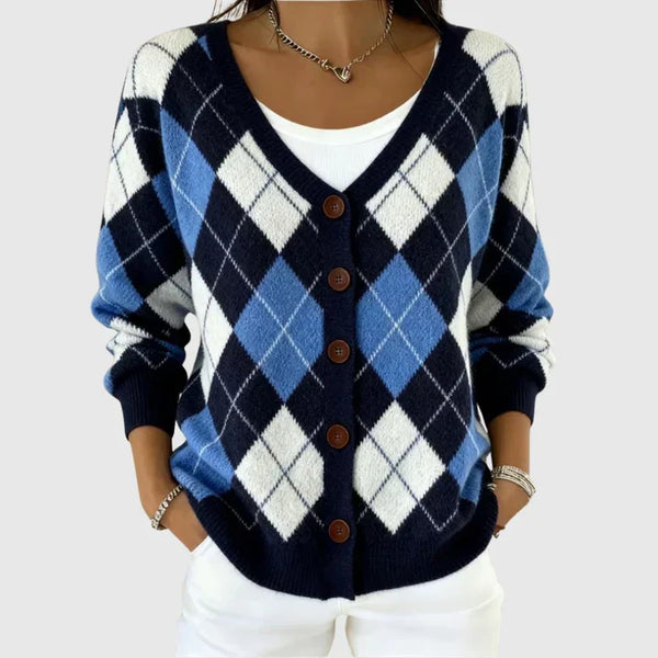 Meredith - Navy Argyle Button-Front Cardigan