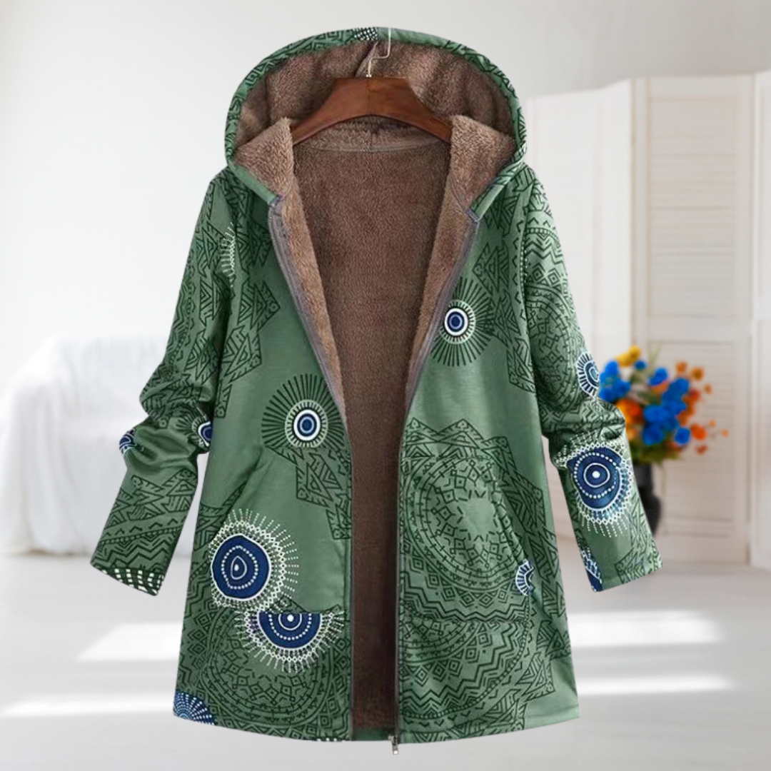 Lucille - Green Boho Print Fleece-Lined Coat