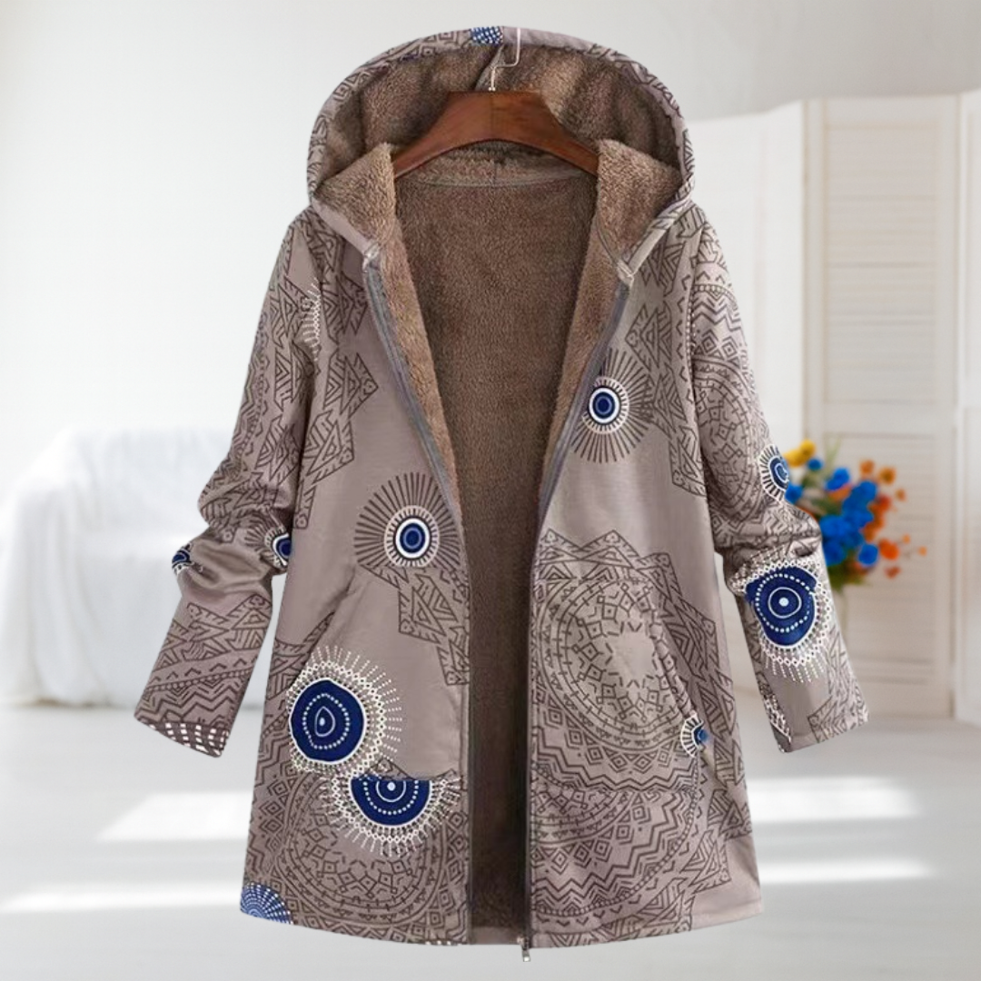Matilda - Taupe Mandala Print Fleece-Lined Coat