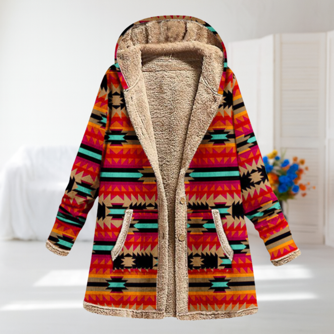 Sabina - Multicoloured Aztec Print Fleece-Lined Coat