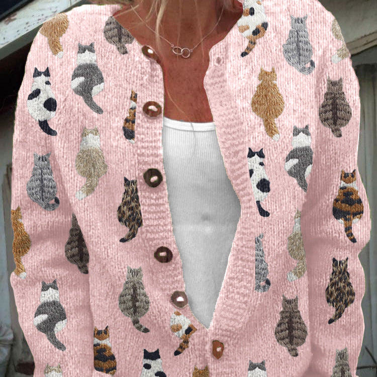 Penny - Cozy Cat Print Button Cardigan