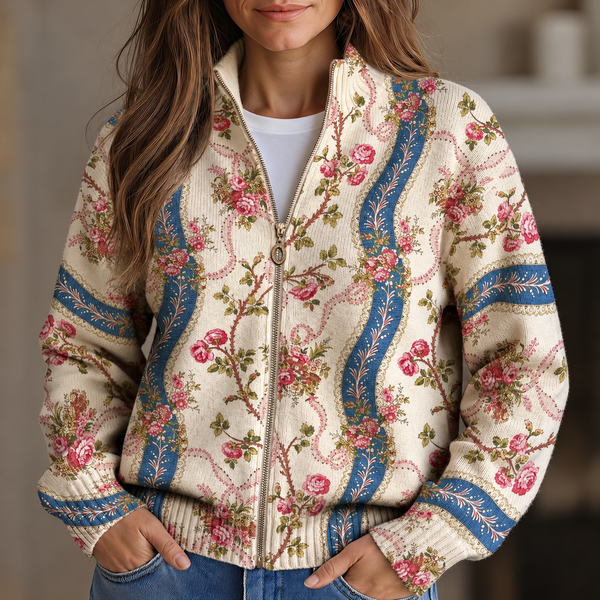 Vivian - Climbing Rose Ribbon Zip-Up Cardigan