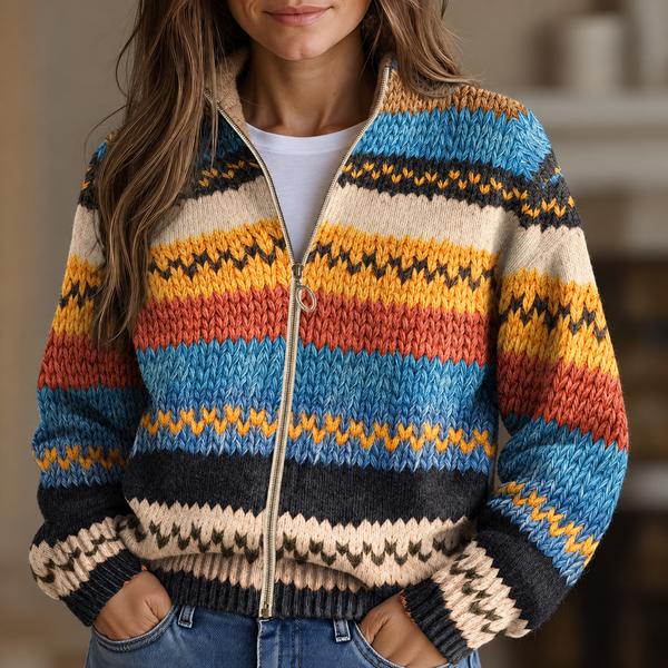 Nadine - Multicoloured Chevron Zip-Up Cardigan