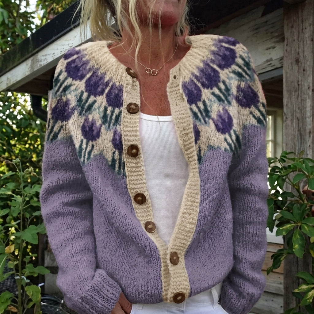Joelle - Purple Flower Print Button Cardigan